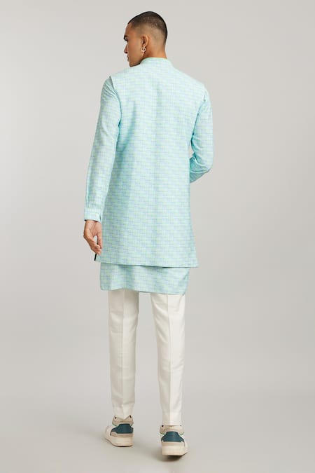 Shop Bubber Couture Green Cotton, Silk Salvadore Cathedral Print Sleeveless Sherwani Jacket at Aza Fashions Shop_Bubber Couture_Green Cotton, Silk Salvadore Cathedral Print Sleeveless Sherwani Jacket _at_Aza_Fashions