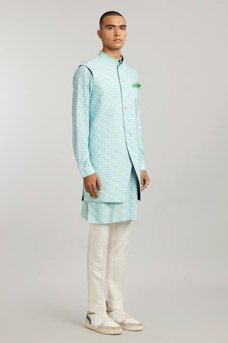 Bubber Couture Green Cotton, Silk Salvadore Cathedral Print Sleeveless Sherwani Jacket Online at Aza Fashions Bubber Couture_Green Cotton, Silk Salvadore Cathedral Print Sleeveless Sherwani Jacket _Online_at_Aza_Fashions