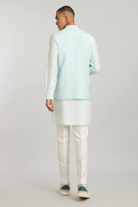 Shop Bubber Couture Blue Cotton, Silk Geometric Stripe Printed Bundi at Aza Fashions Shop_Bubber Couture_Blue Cotton, Silk Geometric Stripe Printed Bundi _at_Aza_Fashions