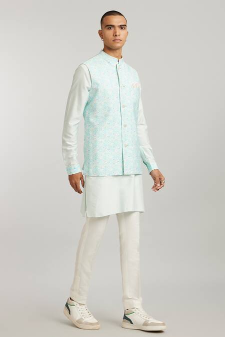 Bubber Couture Blue Cotton, Silk Geometric Stripe Printed Bundi Online at Aza Fashions Bubber Couture_Blue Cotton, Silk Geometric Stripe Printed Bundi _Online_at_Aza_Fashions