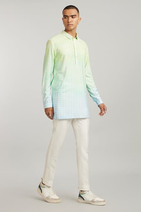 Shop Bubber Couture Green Cotton, Silk Santino Ombre Printed Short Kurta at Aza Fashions Shop_Bubber Couture_Green Cotton, Silk Santino Ombre Printed Short Kurta _at_Aza_Fashions