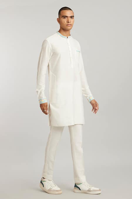 Shop Bubber Couture Off White Cotton, Silk Embroidery Steffano Placement Print Kurta With Pant at Aza Fashions Shop_Bubber Couture_Off White Cotton, Silk Embroidery Steffano Placement Print Kurta With Pant _at_Aza_Fashions
