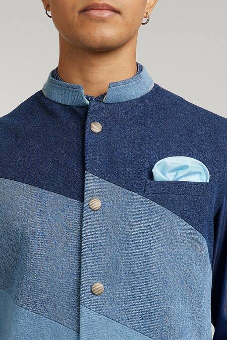 Bubber Couture_Blue Denim, Cotton Colour Block Bundi _Online_at_Aza_Fashions