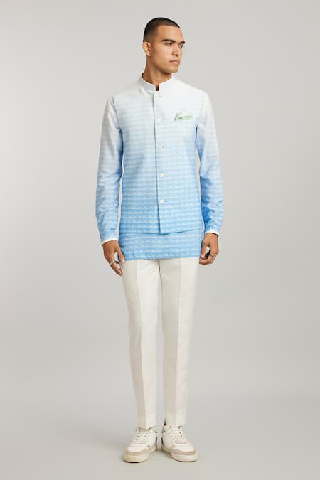 BUBBER COUTURE Blue Cotton Silk Digital Printed Horizon Ari Bundi Jacket 