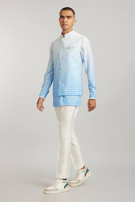 Bubber Couture_Blue Cotton, Silk Sky Ombre Horizon Print Bundi Jacket _Online_at_Aza_Fashions