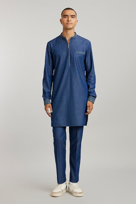 BUBBER COUTURE Blue Cotton Denim Etching Austin Etched Solid Kurta And Pant Set 