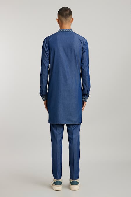 Shop_Bubber Couture_Blue Cotton, Denim Embroidery Austin Etched Solid Kurta And Pant Set _at_Aza_Fashions