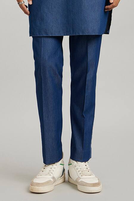 Bubber Couture_Blue Cotton, Denim Embroidery Austin Etched Solid Kurta And Pant Set _Online_at_Aza_Fashions