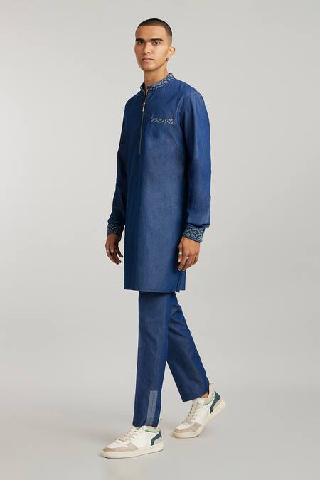 Buy_Bubber Couture_Blue Cotton, Denim Embroidery Austin Etched Solid Kurta And Pant Set _Online_at_Aza_Fashions