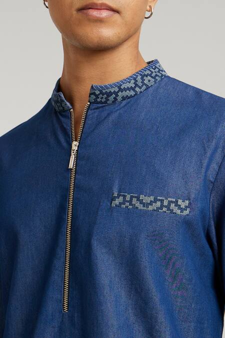 Shop_Bubber Couture_Blue Cotton, Denim Embroidery Austin Etched Solid Kurta And Pant Set _Online_at_Aza_Fashions