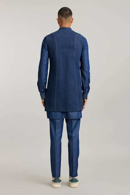 Shop Bubber Couture Blue Denim Bosco Quilted Pattern Sherwani Jacket at Aza Fashions Shop_Bubber Couture_Blue Denim Bosco Quilted Pattern Sherwani Jacket _at_Aza_Fashions