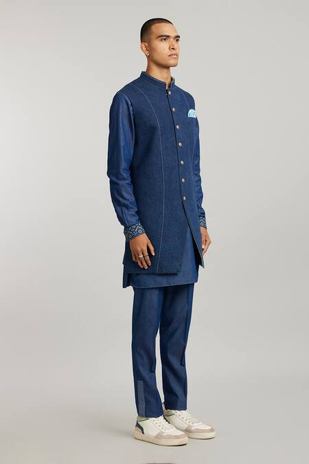 Buy Bubber Couture Blue Denim Bosco Quilted Pattern Sherwani Jacket Online at Aza Fashions Buy_Bubber Couture_Blue Denim Bosco Quilted Pattern Sherwani Jacket _Online_at_Aza_Fashions