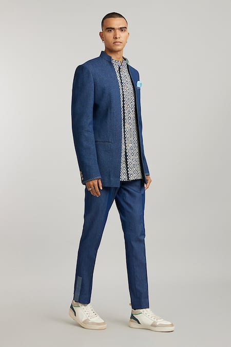 Shop Bubber Couture Blue Denim Embroidery Desmond Layered Bandhgala Jacket at Aza Fashions Shop_Bubber Couture_Blue Denim Embroidery Desmond Layered Bandhgala Jacket _at_Aza_Fashions