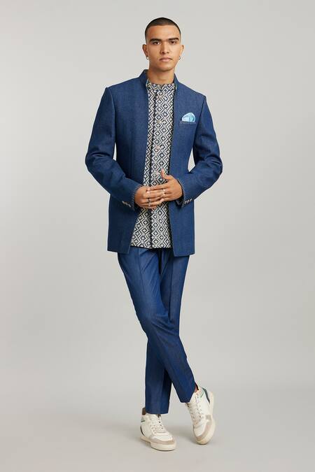 Bubber Couture Blue Denim Embroidery Desmond Layered Bandhgala Jacket Online at Aza Fashions Bubber Couture_Blue Denim Embroidery Desmond Layered Bandhgala Jacket _Online_at_Aza_Fashions