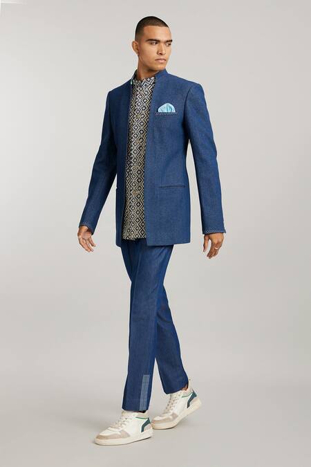 Buy Bubber Couture Blue Denim Embroidery Desmond Layered Bandhgala Jacket Online at Aza Fashions Buy_Bubber Couture_Blue Denim Embroidery Desmond Layered Bandhgala Jacket _Online_at_Aza_Fashions