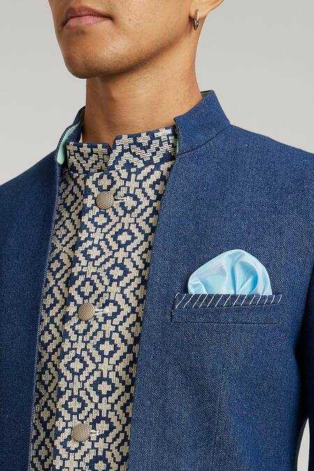 Shop Bubber Couture Blue Denim Embroidery Desmond Layered Bandhgala Jacket Online at Aza Fashions Shop_Bubber Couture_Blue Denim Embroidery Desmond Layered Bandhgala Jacket _Online_at_Aza_Fashions