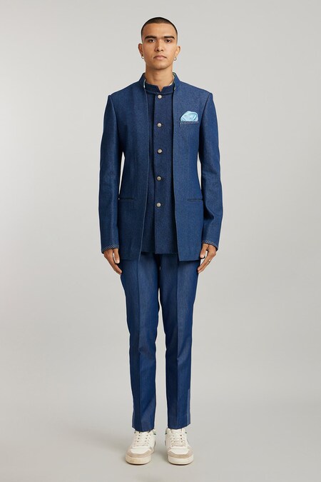 BUBBER COUTURE Blue Denim Embroidered Resham Desmond Bandhgala Jacket 