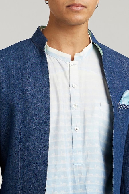 Shop Bubber Couture Blue Denim Desmond Full Sleeve Bandhgala Jacket at Aza Fashions Shop_Bubber Couture_Blue Denim Desmond Full Sleeve Bandhgala Jacket _at_Aza_Fashions