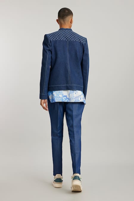 Shop Bubber Couture Blue Denim Diego Quilted Bomber Jacket at Aza Fashions Shop_Bubber Couture_Blue Denim Diego Quilted Bomber Jacket _at_Aza_Fashions