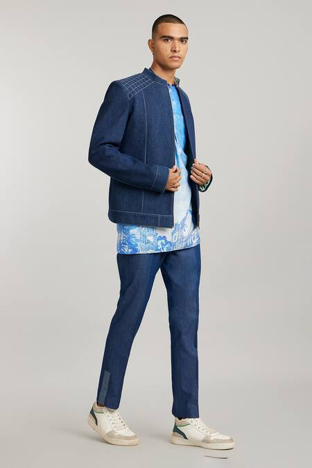 Bubber Couture Blue Denim Diego Quilted Bomber Jacket Online at Aza Fashions Bubber Couture_Blue Denim Diego Quilted Bomber Jacket _Online_at_Aza_Fashions