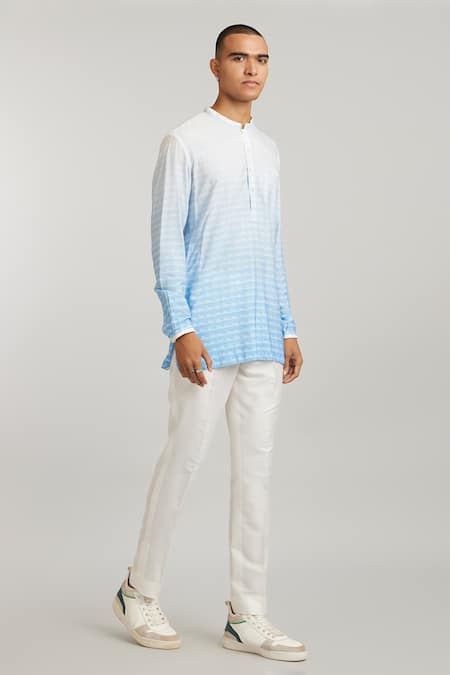 Bubber Couture_Blue Cotton, Silk Eli Horizon Print Kurta _Online_at_Aza_Fashions