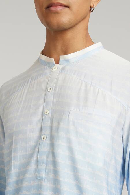 Buy_Bubber Couture_Blue Cotton, Silk Eli Horizon Print Kurta _Online_at_Aza_Fashions