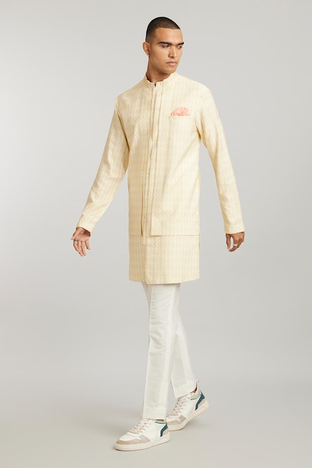 Bubber Couture Yellow Cotton, Silk Enrique Wayu Print Kurta And Pant Set Online at Aza Fashions Bubber Couture_Yellow Cotton, Silk Enrique Wayu Print Kurta And Pant Set _Online_at_Aza_Fashions