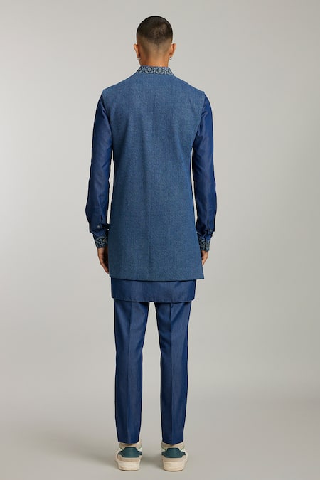 Shop Bubber Couture Blue Denim Embroidery Hugo Etched Sherwani Jacket at Aza Fashions Shop_Bubber Couture_Blue Denim Embroidery Hugo Etched Sherwani Jacket _at_Aza_Fashions