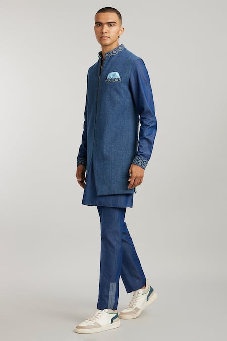 Bubber Couture Blue Denim Embroidery Hugo Etched Sherwani Jacket Online at Aza Fashions Bubber Couture_Blue Denim Embroidery Hugo Etched Sherwani Jacket _Online_at_Aza_Fashions