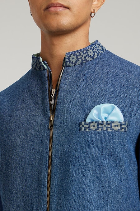 Buy Bubber Couture Blue Denim Embroidery Hugo Etched Sherwani Jacket Online at Aza Fashions Buy_Bubber Couture_Blue Denim Embroidery Hugo Etched Sherwani Jacket _Online_at_Aza_Fashions