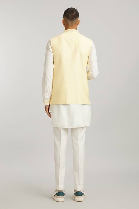 Shop_Bubber Couture_Yellow Silk Butter Matte Print Bundi Jacket _at_Aza_Fashions