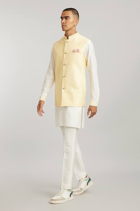 Bubber Couture_Yellow Silk Butter Matte Print Bundi Jacket _Online_at_Aza_Fashions