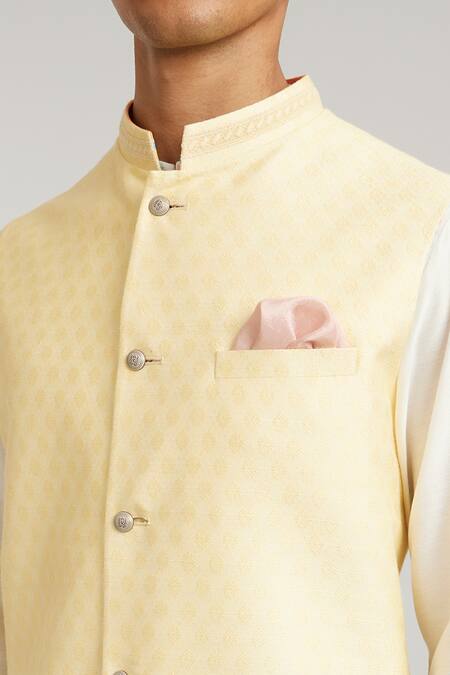 Buy_Bubber Couture_Yellow Silk Butter Matte Print Bundi Jacket _Online_at_Aza_Fashions