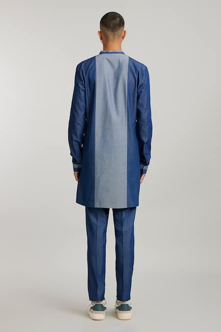 Shop Bubber Couture Blue Cotton, Denim Joshua Color Blocked Kurta And Pant Set at Aza Fashions Shop_Bubber Couture_Blue Cotton, Denim Joshua Color Blocked Kurta And Pant Set _at_Aza_Fashions