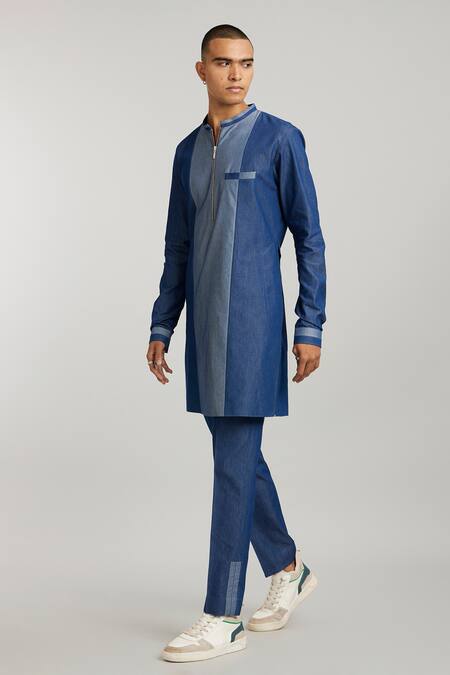 Bubber Couture Blue Cotton, Denim Joshua Color Blocked Kurta And Pant Set Online at Aza Fashions Bubber Couture_Blue Cotton, Denim Joshua Color Blocked Kurta And Pant Set _Online_at_Aza_Fashions
