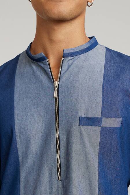 Buy Bubber Couture Blue Cotton, Denim Joshua Color Blocked Kurta And Pant Set Online at Aza Fashions Buy_Bubber Couture_Blue Cotton, Denim Joshua Color Blocked Kurta And Pant Set _Online_at_Aza_Fashions