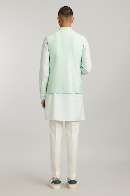 Shop Bubber Couture Green Cotton, Silk Mint Digital Printed Bundi Jacket at Aza Fashions Shop_Bubber Couture_Green Cotton, Silk Mint Digital Printed Bundi Jacket _at_Aza_Fashions