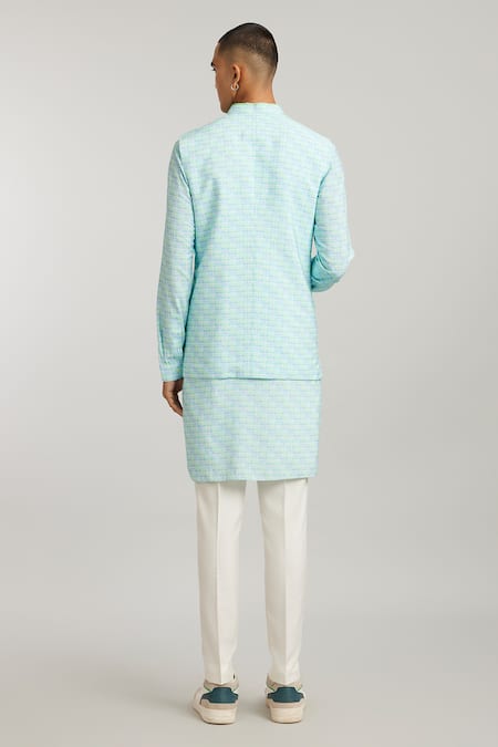 Shop Bubber Couture Green Cotton, Silk Cathedral Print Bundi Jacket at Aza Fashions Shop_Bubber Couture_Green Cotton, Silk Cathedral Print Bundi Jacket _at_Aza_Fashions