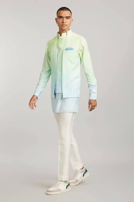 BUBBER COUTURE Green Cotton Silk Digital Printed Trimond Luca Bundi Jacket 