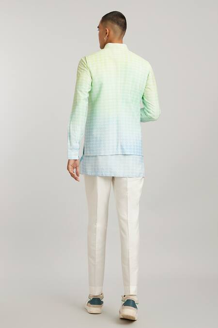 Shop Bubber Couture Green Cotton, Silk Ombre Trimond Print Bundi Jacket at Aza Fashions Shop_Bubber Couture_Green Cotton, Silk Ombre Trimond Print Bundi Jacket _at_Aza_Fashions