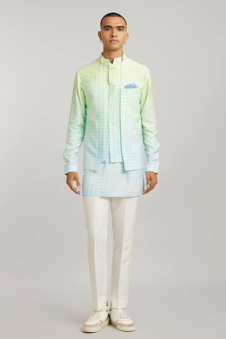 Bubber Couture Green Cotton, Silk Ombre Trimond Print Bundi Jacket Online at Aza Fashions Bubber Couture_Green Cotton, Silk Ombre Trimond Print Bundi Jacket _Online_at_Aza_Fashions