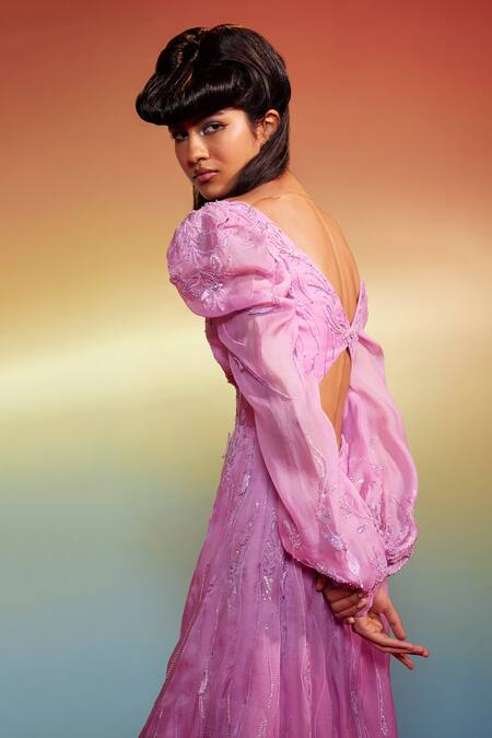 Shop GG By Asha Gautam Purple Organza Embroidery Bead V Neck Wave Gown at Aza Fashions Shop_GG By Asha Gautam_Purple Organza Embroidery Bead V Neck Wave Gown _at_Aza_Fashions