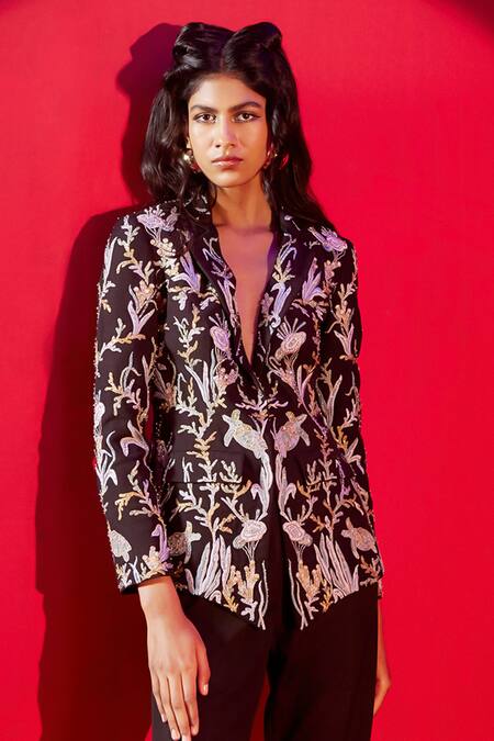 GG By Asha Gautam_Black Rose Lotus Embroidery Octopus Ocean Theme Jacket With Pant _Online_at_Aza_Fashions