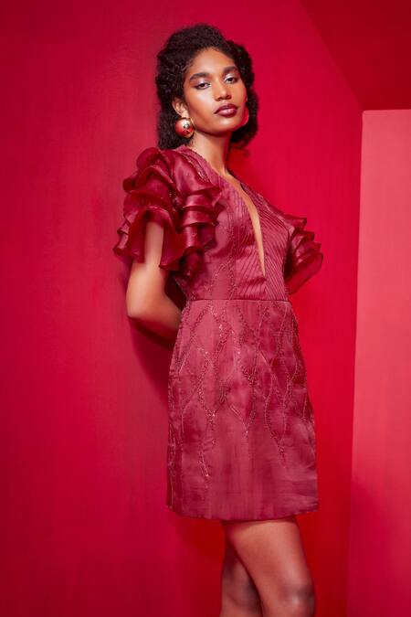 Shop GG By Asha Gautam Maroon Organza Embroidered Sequin Plunge Ruffle Sleeve Short Dress at Aza Fashions Shop_GG By Asha Gautam_Maroon Organza Embroidered Sequin Plunge Ruffle Sleeve Short Dress _at_Aza_Fashions