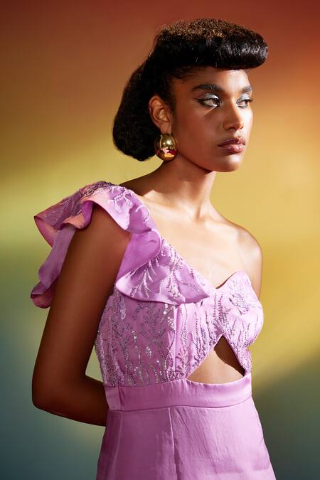 Shop GG By Asha Gautam Purple Organza Embroidered Sequin Cut Work Yoke Short Dress at Aza Fashions Shop_GG By Asha Gautam_Purple Organza Embroidered Sequin Cut Work Yoke Short Dress _at_Aza_Fashions