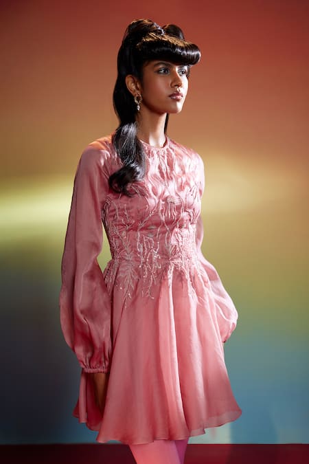 Shop GG By Asha Gautam Pink Organza Embroidered Sequin Round Neck Short Dress at Aza Fashions Shop_GG By Asha Gautam_Pink Organza Embroidered Sequin Round Neck Short Dress _at_Aza_Fashions