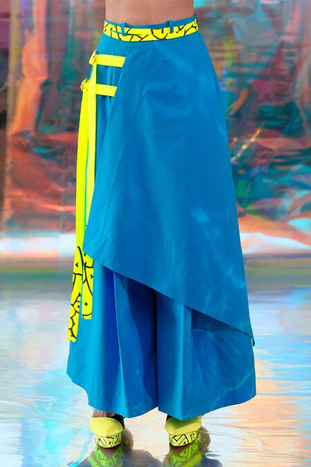 Papa Don't Preach Pret_Blue Satin Plain Japanese Flared Pant _Online_at_Aza_Fashions