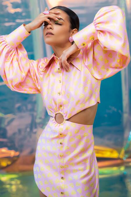 Shop Papa Don't Preach Pret Pink Satin Collared Pac Street Girl Print Dress Online at Aza Fashions Shop_Papa Don't Preach Pret_Pink Satin Collared Pac Street Girl Print Dress _Online_at_Aza_Fashions