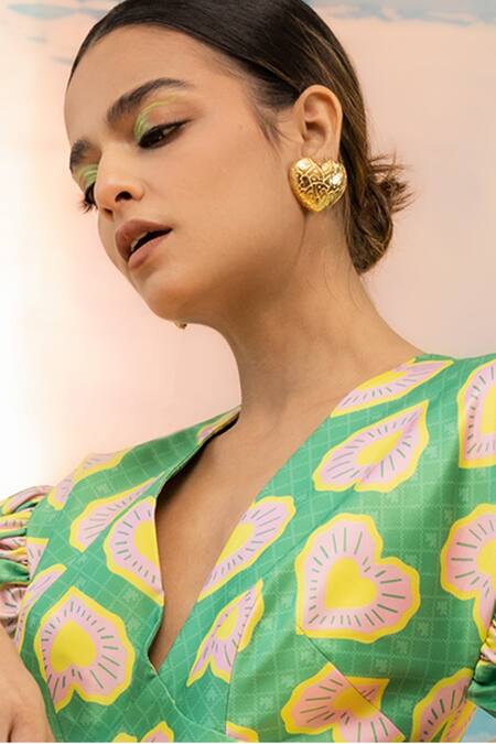 Papa Don't Preach Pret_Green Satin V-neck Blinding Hearts Print Dress _Online_at_Aza_Fashions