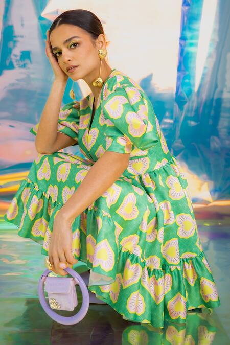 Buy_Papa Don't Preach Pret_Green Satin V-neck Blinding Hearts Print Dress _Online_at_Aza_Fashions